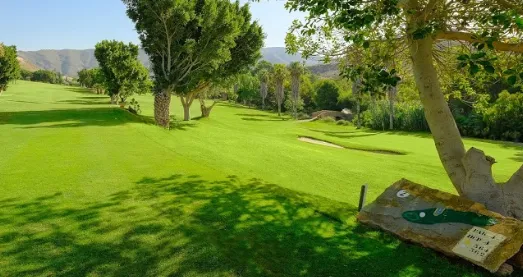 Scenic view of a lush green fairway at Hotel La Envia Spa and Golf Resort in Almeria, lined with trees and featuring a distant sand bunker, with hills and mountains visible in the background.