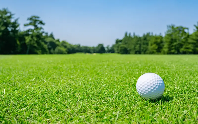 A white golf ball on a lush green short cut fairway.