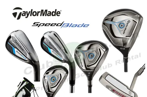 TaylorMade SpeedBlade golf clubs set, featuring various clubs including drivers, irons, and putters, with a logo and a golf bag.